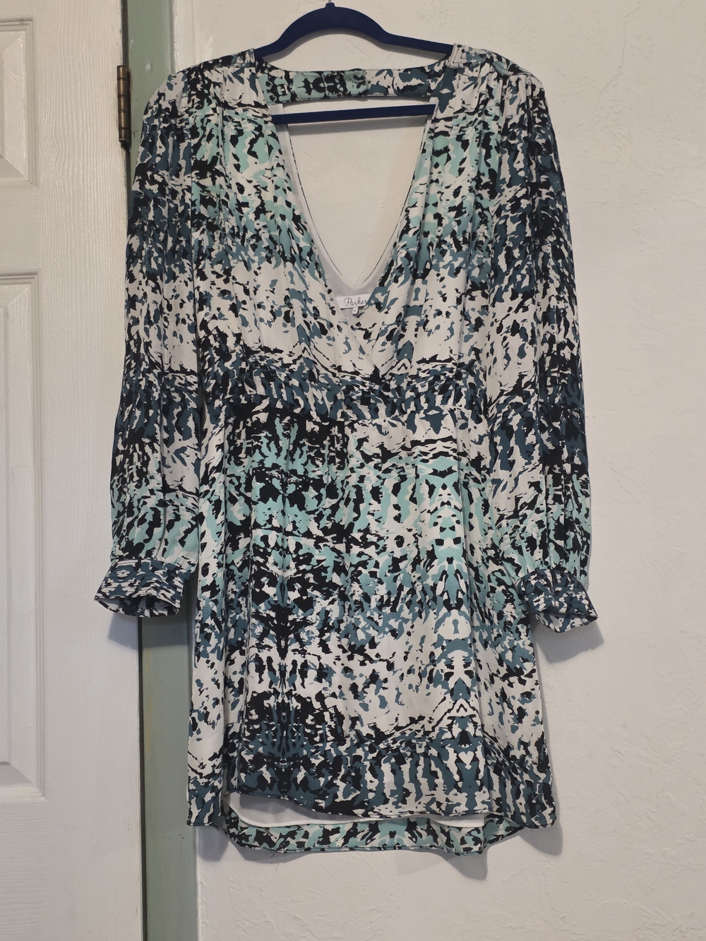 Parker Abstract V-Neck Long Sleeve Dress - Teal, Black & White